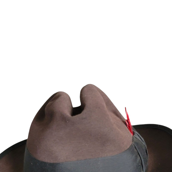 Stetson Vintage Fedora Style Brown Suede Hat with Red Feather Sz 6 7/8 - Picture 9 of 16